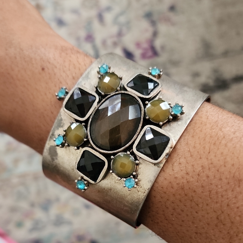 Artisan Silver Tone Multi Stone Cuff Bracelet Black Olive Turquoise